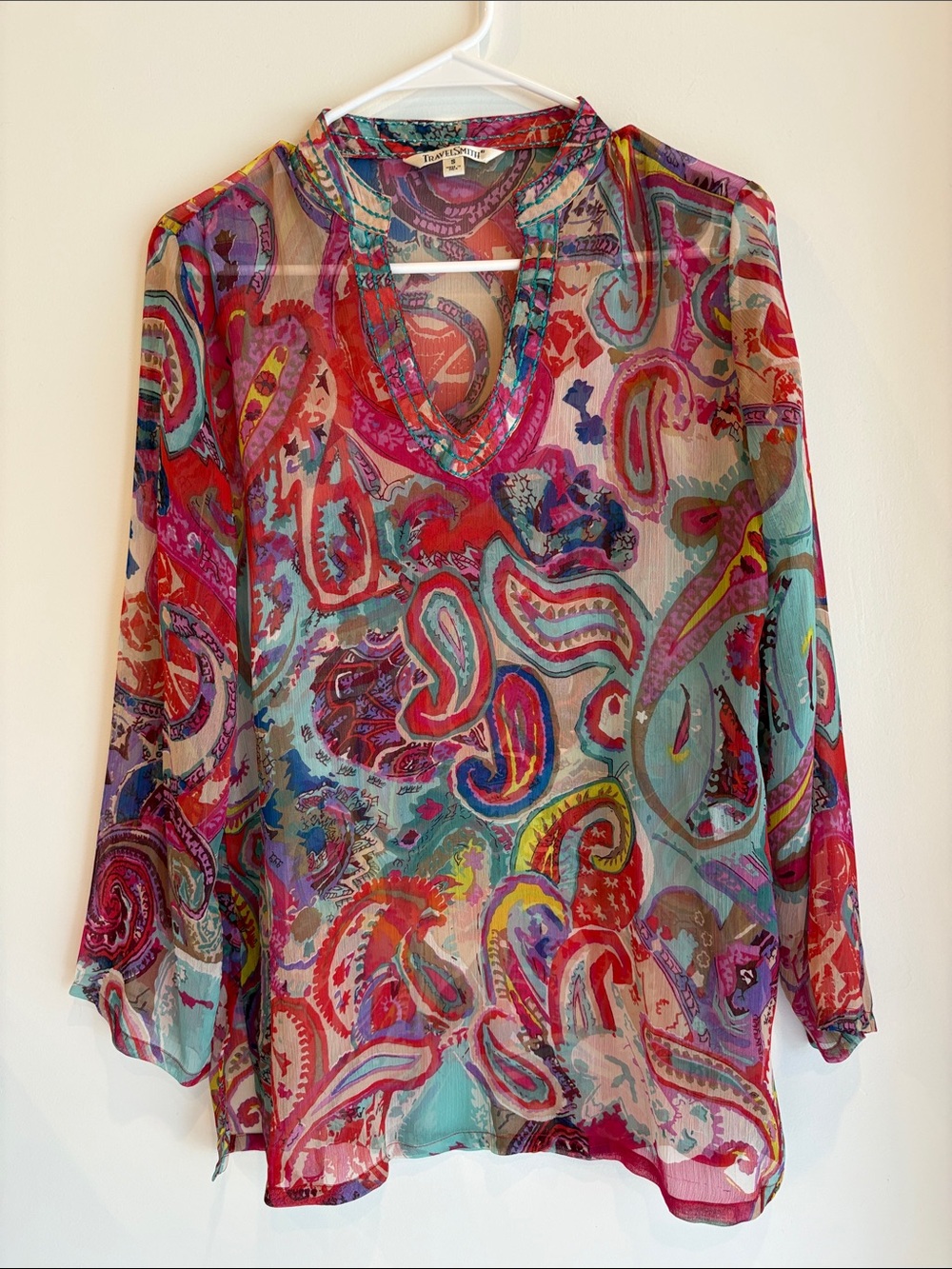 TravelSmith Multicolor Paisley Sheer V-Neck Blouse